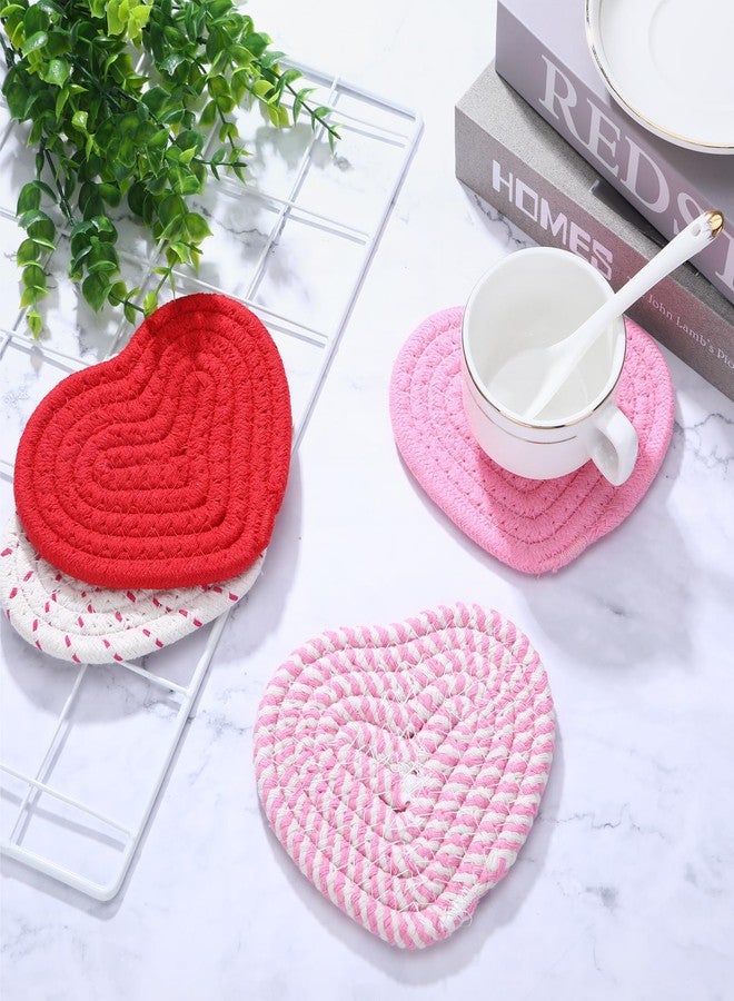 YONHTUTU Pink Heart Coasters Set of 4, Handmade Braided Cotton Cute Coasters with Holder, Valentines Drink Accessories for Home Restaurant Tea Coffee Bar Decoration Stocking Stuffers - Image 5